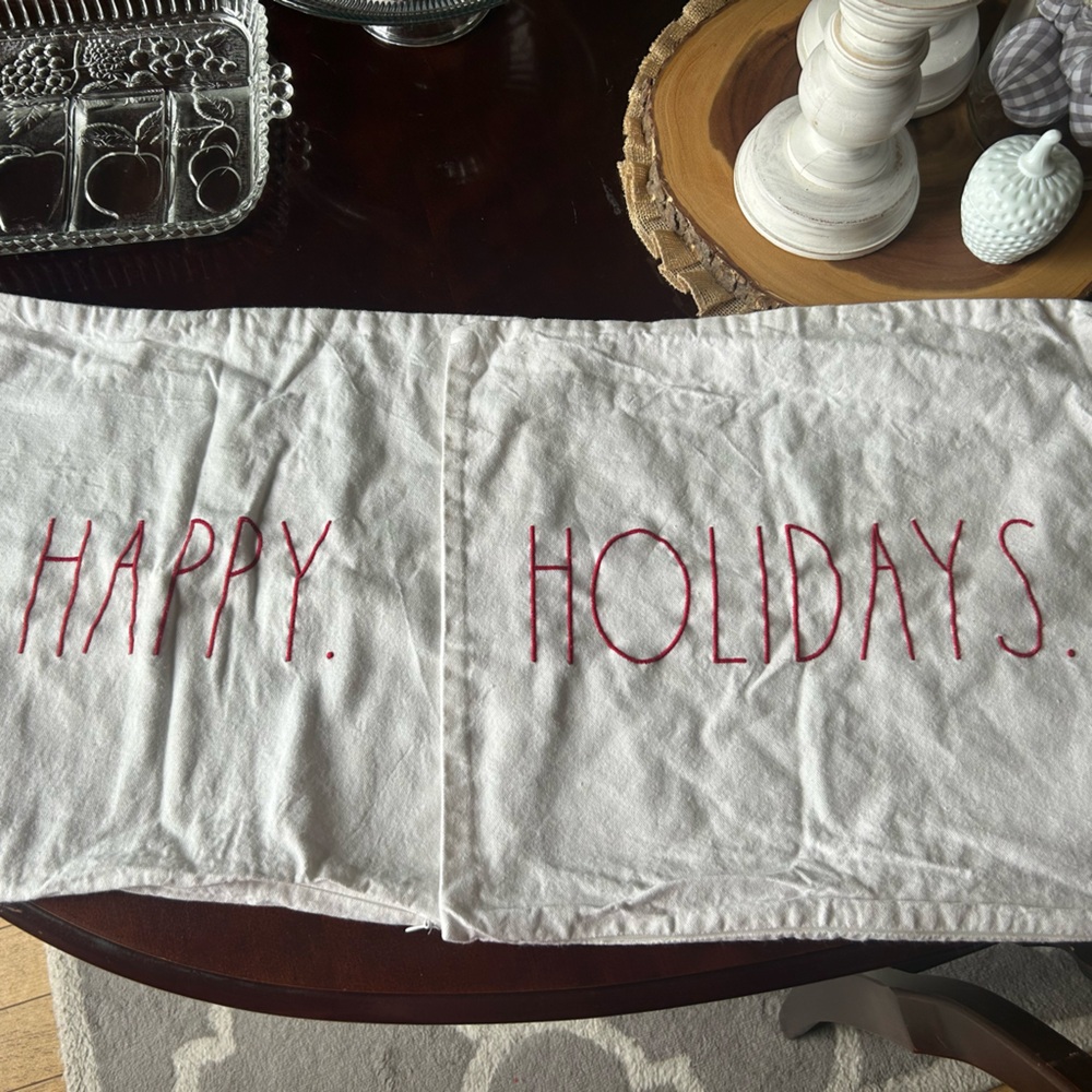 Rae Dunn Christmas pillow covers with red —Happy Holidays.